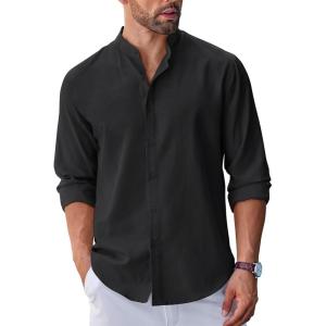 imageCOOFANDY Mens Long Sleeve Oxford Dress Shirts Chambray Button Down Shirt Casual Band Collar ShirtsBlack