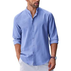 imageCOOFANDY Mens Long Sleeve Oxford Dress Shirts Chambray Button Down Shirt Casual Band Collar ShirtsBlue