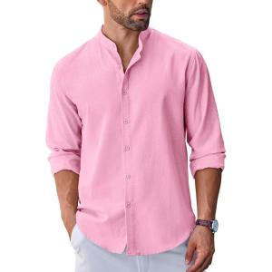 imageCOOFANDY Mens Long Sleeve Oxford Dress Shirts Chambray Button Down Shirt Casual Band Collar ShirtsPink