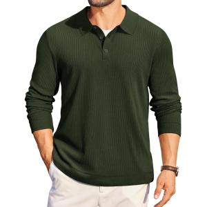 imageCOOFANDY Mens Long Sleeve Polo Knit Polo Sweater Collared Pullover Casual Golf Polo SweaterArmy Green