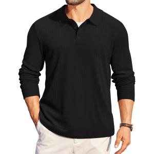 imageCOOFANDY Mens Long Sleeve Polo Knit Polo Sweater Collared Pullover Casual Golf Polo SweaterBlack