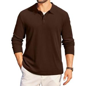imageCOOFANDY Mens Long Sleeve Polo Knit Polo Sweater Collared Pullover Casual Golf Polo SweaterBrown