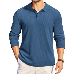 imageCOOFANDY Mens Long Sleeve Polo Knit Polo Sweater Collared Pullover Casual Golf Polo SweaterDark Blue