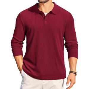 imageCOOFANDY Mens Long Sleeve Polo Knit Polo Sweater Collared Pullover Casual Golf Polo SweaterDark Red