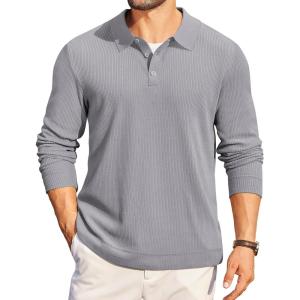 imageCOOFANDY Mens Long Sleeve Polo Knit Polo Sweater Collared Pullover Casual Golf Polo SweaterMoon Gray