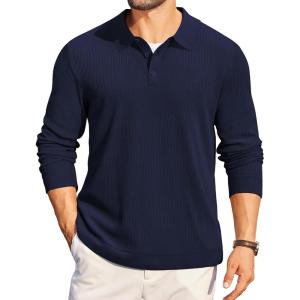 imageCOOFANDY Mens Long Sleeve Polo Knit Polo Sweater Collared Pullover Casual Golf Polo SweaterNavy Blue