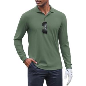 imageCOOFANDY Mens Long Sleeve Polo Shirts Moisture Wicking Golf Shirts Athletic Collared Shirt Lightweight Cooling ShirtArmy Green