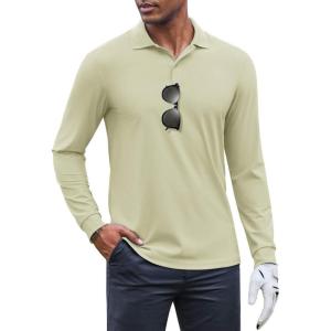 imageCOOFANDY Mens Long Sleeve Polo Shirts Moisture Wicking Golf Shirts Athletic Collared Shirt Lightweight Cooling ShirtKhaki