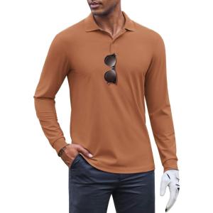 imageCOOFANDY Mens Long Sleeve Polo Shirts Moisture Wicking Golf Shirts Athletic Collared Shirt Lightweight Cooling ShirtLight Brown