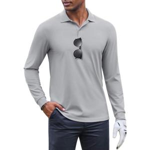 imageCOOFANDY Mens Long Sleeve Polo Shirts Moisture Wicking Golf Shirts Athletic Collared Shirt Lightweight Cooling ShirtLight Grey