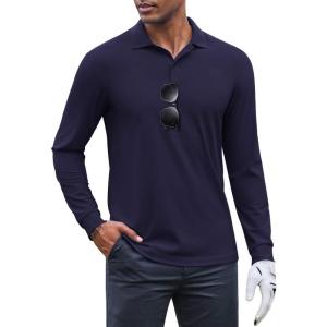 imageCOOFANDY Mens Long Sleeve Polo Shirts Moisture Wicking Golf Shirts Athletic Collared Shirt Lightweight Cooling ShirtNavy