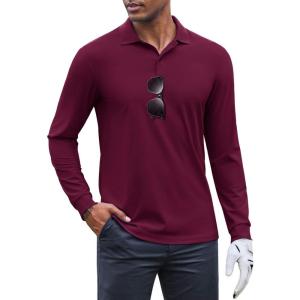 imageCOOFANDY Mens Long Sleeve Polo Shirts Moisture Wicking Golf Shirts Athletic Collared Shirt Lightweight Cooling ShirtWine Red