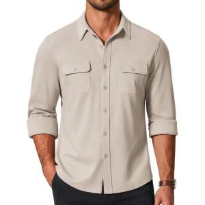 imageCOOFANDY Mens Long Sleeve Shirts Casual Button Down Shirt Wrinkle Free Dress Shirt with PocketLight Khaki