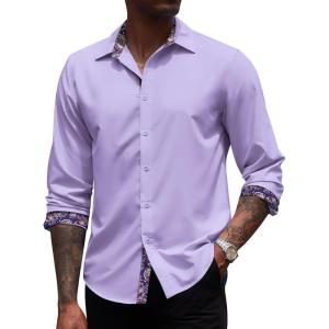 imageCOOFANDY Mens Long Sleeve Wrinkle Free Dress Shirts Inner Contrast Business Casual Button Down ShirtLilac
