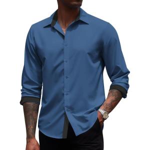 imageCOOFANDY Mens Long Sleeve Wrinkle Free Dress Shirts Inner Contrast Business Casual Button Down ShirtNavy