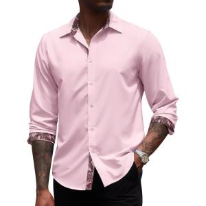 imageCOOFANDY Mens Long Sleeve Wrinkle Free Dress Shirts Inner Contrast Business Casual Button Down ShirtPink
