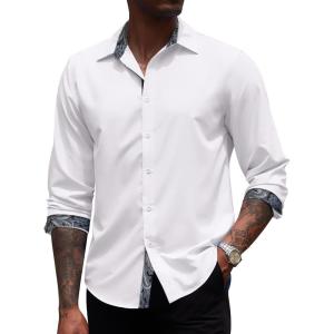 imageCOOFANDY Mens Long Sleeve Wrinkle Free Dress Shirts Inner Contrast Business Casual Button Down ShirtWhite