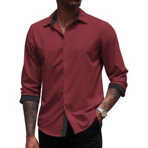 imageCOOFANDY Mens Long Sleeve Wrinkle Free Dress Shirts Inner Contrast Business Casual Button Down ShirtWine Red
