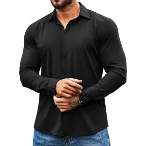imageCOOFANDY Mens Muscle Fit Dress Shirts Wrinkle Free Long Sleeve Button Down Shirt Stretch Business ShirtBlack