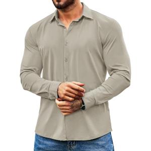 imageCOOFANDY Mens Muscle Fit Dress Shirts Wrinkle Free Long Sleeve Button Down Shirt Stretch Business ShirtMoon Grey