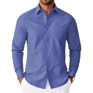 imageCOOFANDY Mens Oxford Shirt Long Sleeve Casual Button Down Shirts Soild Dress Shirts with PocketRoyal Azure
