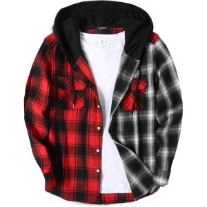 imageCOOFANDY Mens Plaid Hoodie Flannel Shirt Jacket Long Sleeve Casual Fashion Button ShirtsBlack 1  Red