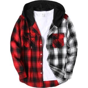 imageCOOFANDY Mens Plaid Hoodie Flannel Shirt Jacket Long Sleeve Casual Fashion Button ShirtsBlack 2  Red