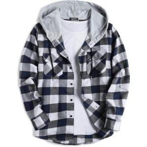 imageCOOFANDY Mens Plaid Hoodie Flannel Shirt Jacket Long Sleeve Casual Fashion Button ShirtsNavy Blue