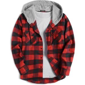 imageCOOFANDY Mens Plaid Hoodie Flannel Shirt Jacket Long Sleeve Casual Fashion Button ShirtsRed
