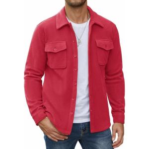 imageCOOFANDY Mens Polar Fleece Shirt Jacket Long Sleeve Casual Button Down Shirts Shacket with PocketsRed