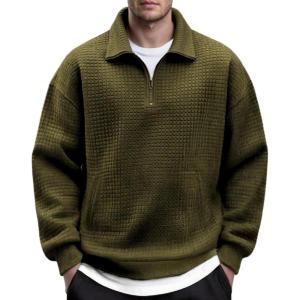 imageCOOFANDY Mens Quarter Zip Pullover Long Sleeve Quilted Sweatshirt Casual Waffle Sweaters Polo with PocketArmy Green