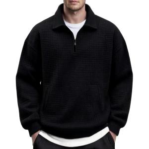 imageCOOFANDY Mens Quarter Zip Pullover Long Sleeve Quilted Sweatshirt Casual Waffle Sweaters Polo with PocketBlack