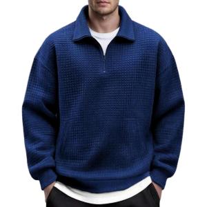 imageCOOFANDY Mens Quarter Zip Pullover Long Sleeve Quilted Sweatshirt Casual Waffle Sweaters Polo with PocketDark Blue