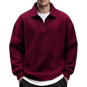 imageCOOFANDY Mens Quarter Zip Pullover Long Sleeve Quilted Sweatshirt Casual Waffle Sweaters Polo with PocketDark Red