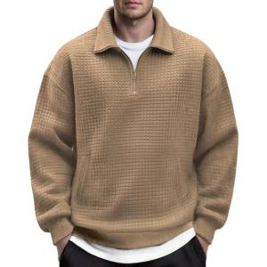 imageCOOFANDY Mens Quarter Zip Pullover Long Sleeve Quilted Sweatshirt Casual Waffle Sweaters Polo with PocketKhaki