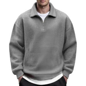 imageCOOFANDY Mens Quarter Zip Pullover Long Sleeve Quilted Sweatshirt Casual Waffle Sweaters Polo with PocketLight Grey