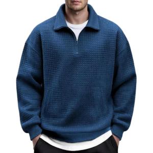 imageCOOFANDY Mens Quarter Zip Pullover Long Sleeve Quilted Sweatshirt Casual Waffle Sweaters Polo with PocketNavy Blue