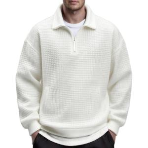 imageCOOFANDY Mens Quarter Zip Pullover Long Sleeve Quilted Sweatshirt Casual Waffle Sweaters Polo with PocketWhite