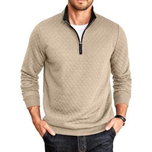 imageCOOFANDY Mens Quarter Zip Pullover Mock Neck Quilted Sweatshirt Casual Long Sleeve Polo SweaterKhaki