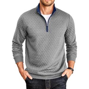 imageCOOFANDY Mens Quarter Zip Pullover Mock Neck Quilted Sweatshirt Casual Long Sleeve Polo SweaterLight Gray
