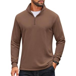 imageCOOFANDY Mens Quarter Zip Pullover Mock Neck Quilted Sweatshirt Lightweight Slim Fit Casual Long Sleeve Polo ShirtBrown