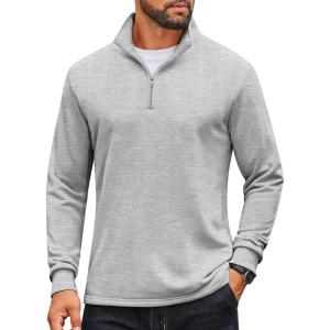 imageCOOFANDY Mens Quarter Zip Pullover Mock Neck Quilted Sweatshirt Lightweight Slim Fit Casual Long Sleeve Polo ShirtLight Grey