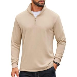 imageCOOFANDY Mens Quarter Zip Pullover Mock Neck Quilted Sweatshirt Lightweight Slim Fit Casual Long Sleeve Polo ShirtLight Khaki