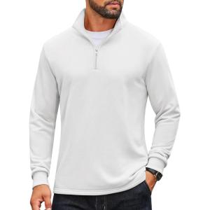 imageCOOFANDY Mens Quarter Zip Pullover Mock Neck Quilted Sweatshirt Lightweight Slim Fit Casual Long Sleeve Polo ShirtWhite