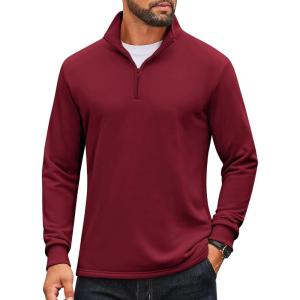 imageCOOFANDY Mens Quarter Zip Pullover Mock Neck Quilted Sweatshirt Lightweight Slim Fit Casual Long Sleeve Polo ShirtWine Red