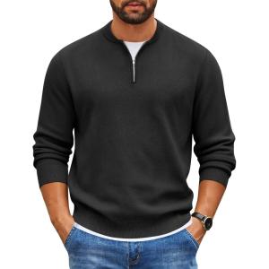 imageCOOFANDY Mens Quarter Zip Pullover Slim Fit Knit Sweater Lightweight Mock Neck Casual SweatersBlack