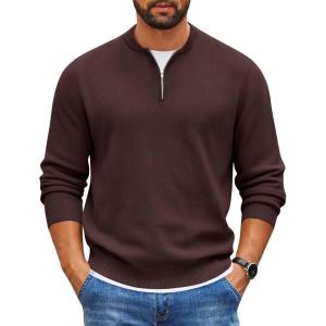 imageCOOFANDY Mens Quarter Zip Pullover Slim Fit Knit Sweater Lightweight Mock Neck Casual SweatersBrown
