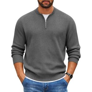 imageCOOFANDY Mens Quarter Zip Pullover Slim Fit Knit Sweater Lightweight Mock Neck Casual SweatersDark Grey