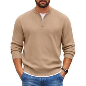 imageCOOFANDY Mens Quarter Zip Pullover Slim Fit Knit Sweater Lightweight Mock Neck Casual SweatersDark Khaki
