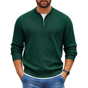 imageCOOFANDY Mens Quarter Zip Pullover Slim Fit Knit Sweater Lightweight Mock Neck Casual SweatersGreen